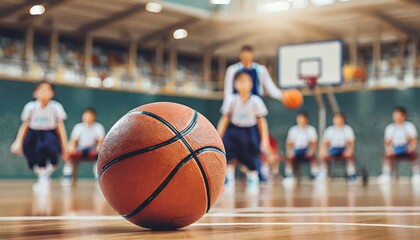 A basketball on court with a junior team with coach in a blurry background. A ball on basket