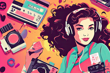 Illustration of a teenage girl enjoying music from headphones. Retro art style. Nostalgic mood.