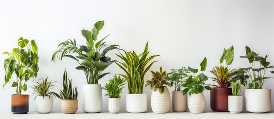 A row of various house plants in different pots sitting neatly on top of a table against a white wall, serving as a modern room decoration with ample copy space.