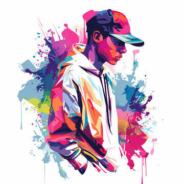Vector illustration of a man in a baseball cap and a white shirt.