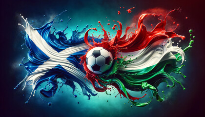 liquify country flags of Scotland and Hungary splash towards each other, with a soccer ball in the middle, football EM 2024, Group phase matchday 3, Generative ai