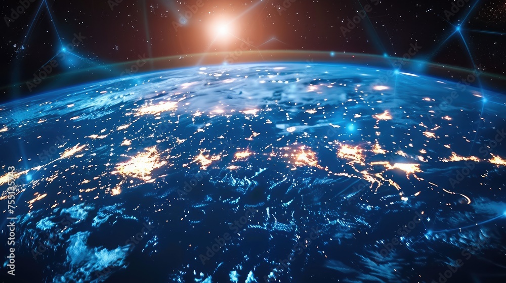 Poster Digital world globe concept of global network and connectivity on earth high speed data transfer and cyber technology information exchange and international telecommunication. Generative AI.