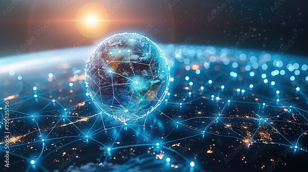 Poster digital world globe concept of global network and connectivity on earth high speed data transfer and