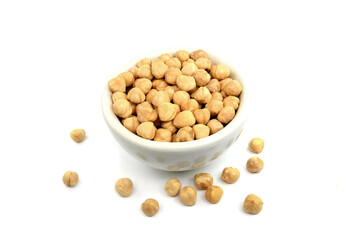 Bowl of peeled hazelnuts isolated on white background. Package design element with clipping path