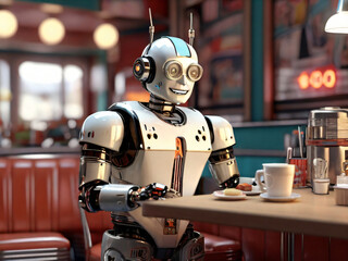 Roboter Flash trinkt einen Kaffee in seiner Lieblings Roboterbar. Der Perfekte Platz um sich mit anderen Robottern auszutauschen. Seine Brille trägt er um anonym zu sein. - obrazy, fototapety, plakaty