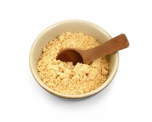 Hazelnut flours isolated on white background. Hazelnut Flours in a bowl.