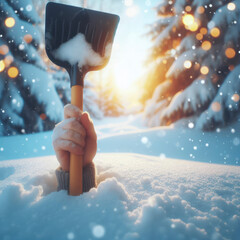 A hand sticking out from a snowdrift holds a snow shovel against a snowy nature background. ai generative