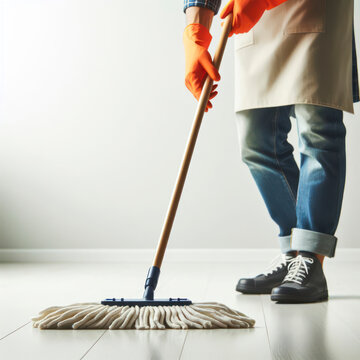 close up Cleaning floor with mop isolated on solid white background copy space. ai generative