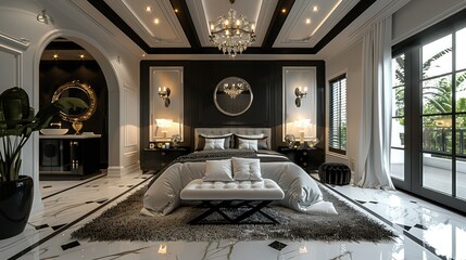 Beautiful and chic mansion master bedroom, black and white decor and design. Generative AI.