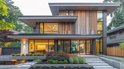 Obraz premium A chic craft house with a fa? section ade covered in vertical cedar slats stained in shades of gray, creating a modern twist on traditional siding.