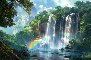A view of a waterfall with rainbows, mist, and rocks