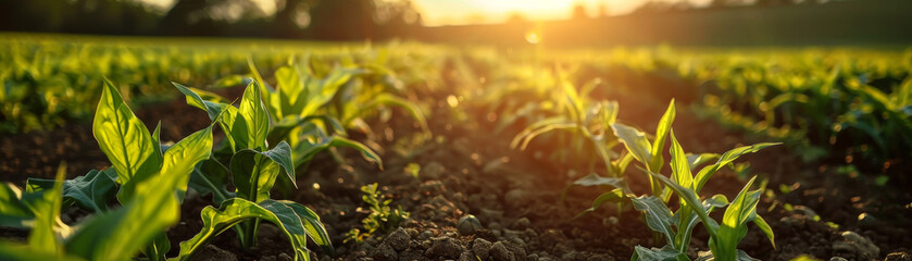 Rows of young green crop seedlings grow in fertile soil, basking in the golden sunlight of early morning. - obrazy, fototapety, plakaty