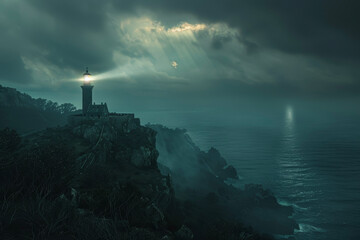 A view of a lighthouse on a hill with a beam of light shining over the dark sea