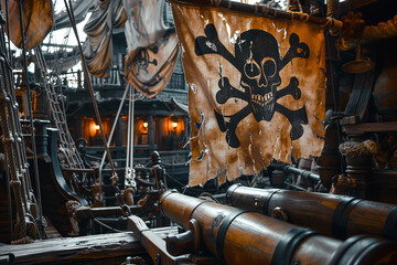 A view of a pirate ship with sails, cannons, and a skull flag