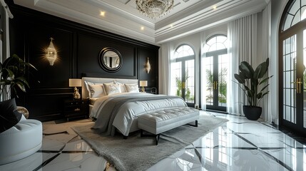 Beautiful and chic mansion master bedroom, black and white decor and design. Generative AI.