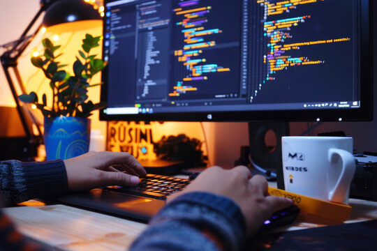 person coding and typing on a keyboard and a monitor on a desk with a coffee mug and a plant