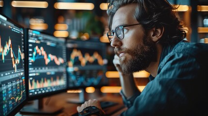 A man trader looking at trade graphs on his computer in a modern office. Generative AI.