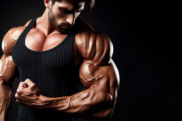 Strong muscular male posing against close up isolated on solid black background. ai generative