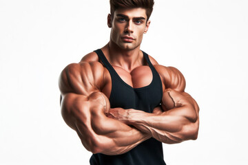 Fototapeta premium Strong muscular male posing against close up isolated on solid white background. ai generative