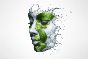 womans nose formed from water splash and green leaves isolated on a white background. ai generative