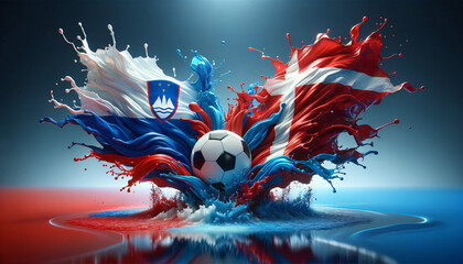 liquify country flags of Slovenia and Denmark splash towards each other, with a soccer ball in the middle, football EM 2024, Group phase matchday 1, Generative ai