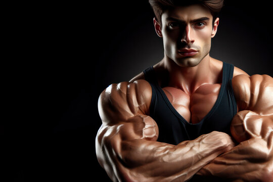 Strong muscular male posing against close up isolated on solid black background. ai generative