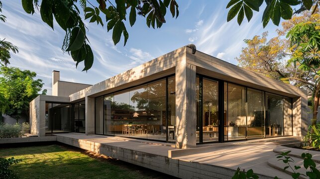 A contemporary craft house with a fa? section ade composed of stacked concrete blocks, giving it a sense of solidity and strength. Large windows flood the interior with natural light.