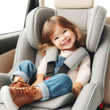 Cheerful girl child in a car seat isolated on solid white background copy space. ai generative