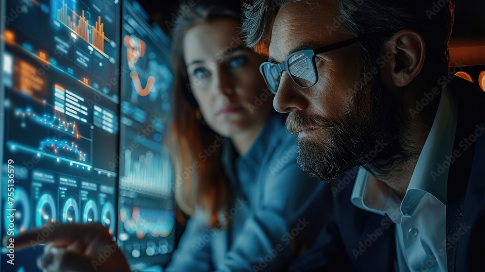 Poster IT experts looking at a dashboard. Generative AI.