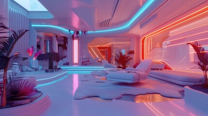 A futuristic craft house with a fa? section ade covered in sleek white panels, punctuated by bursts of vibrant neon lighting. The interior is a blend of modern technology and organic materials. - obrazy, fototapety, plakaty