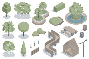Green park isometric elements constructor mega set. Creator kit with flat graphic trees and bushes for landscaping, wooden benches, fence, lantern, trash bin. Vector illustration in 3d isometry design