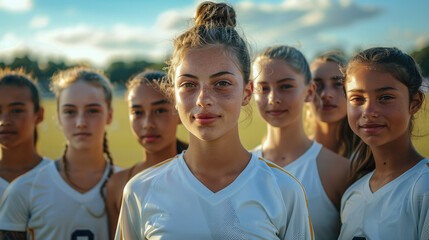 Team soccer girls standing shoulder to shoulder on an outdoor field. Generative AI.