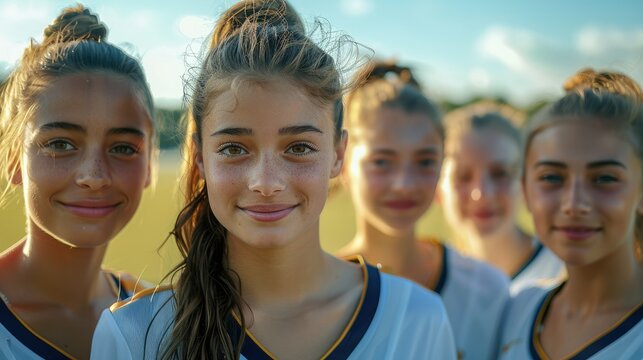 Team soccer girls standing shoulder to shoulder on an outdoor field. Generative AI.