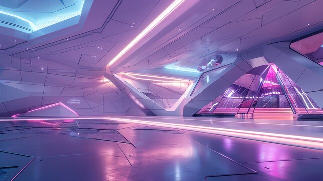 A futuristic craft house with a fa? section ade covered in sleek white panels, punctuated by bursts of vibrant neon lighting. The interior is a blend of modern technology and organic materials.