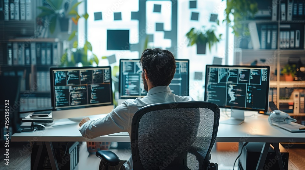 Aufkleber A man performing the role of a Cyber Security Officer, deeply engaged in cybersecurity tasks in an office. Generative AI.