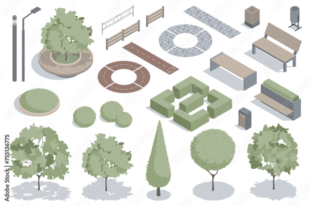 Aufkleber modern park isometric elements constructor mega set. creator kit with flat graphic street lanterns, 