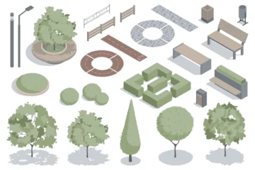 Gardinen Modern park isometric elements constructor mega set. Creator kit with flat graphic street lanterns, trees and bushes, fences, benches, trash bins, pathes. Vector illustration in 3d isometry design © alexdndz