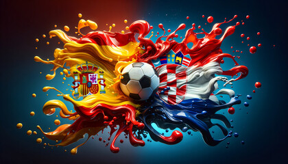 liquify country flags of Spain and Croatia splash towards each other, with a soccer ball in the middle, football EM 2024, Group phase matchday 1, Generative ai