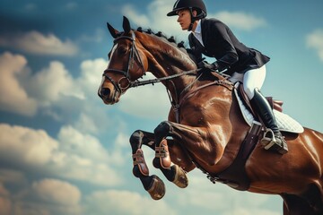 Rider on bay horse in jumping show - obrazy, fototapety, plakaty