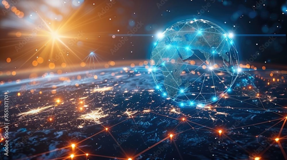 Poster digital world globe concept of global network and connectivity on earth high speed data transfer and