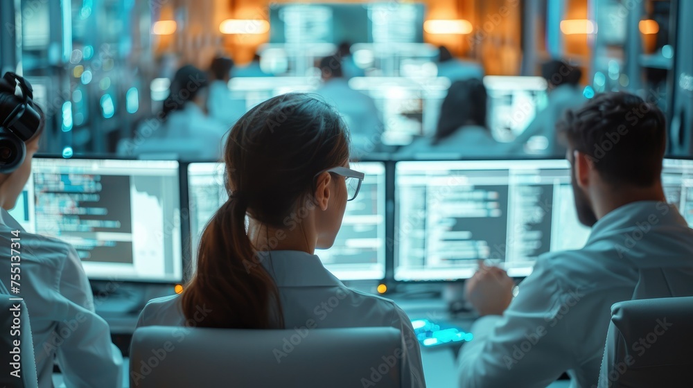 Poster Group of people using computers and making calculations, in the style of code-based creations. Generative AI.