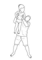 Father throwing his son up, silhouette of dad and son together, isolated vector