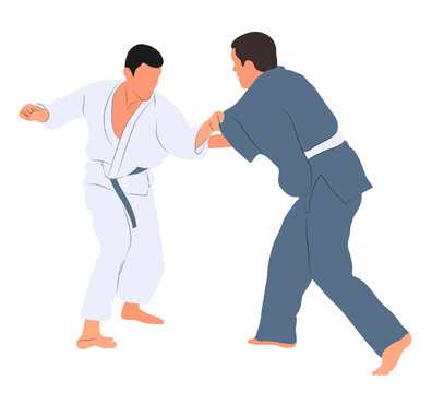 Image of sports couple judoka fighters. Judoist, judoka, athlete, duel, fight, judo, isolated vector