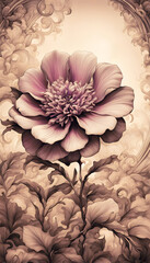 Sepia colored floral background, with a lilac fantasy blossom in the foreground as smartphone wallpaper
