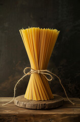 Spaghetti tied with string on wooden board for still life photography