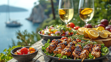 Greek food concept with farmers salad and souvlaki skewers and white wine glasses in front of the sparkling blue Aegean sea during summer time - obrazy, fototapety, plakaty