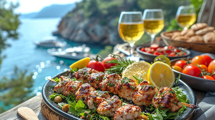 Greek food concept with farmers salad and souvlaki skewers and white wine glasses in front of the sparkling blue Aegean sea during summer time - obrazy, fototapety, plakaty