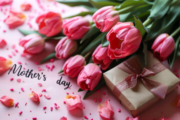 A greeting card for Mother's Day, flowers on a pink background with the inscription Mother's Day , very colorful and delicate.