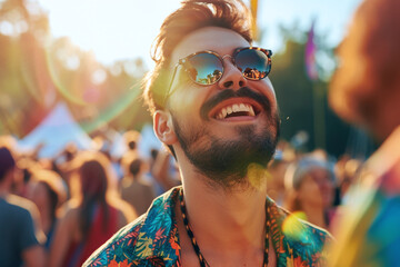 Handsome and smiling young man having fun at music festival	