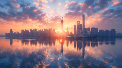 Naklejka premium Shanghai's skyline is bathed in the soft hues of sunrise, with the sun peeking between the skyscrapers, reflected in the calm waters below.
